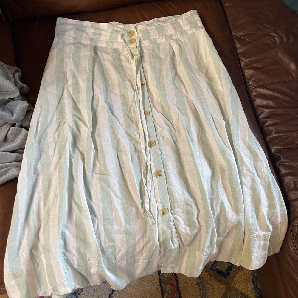 Green/white button down midi skirt